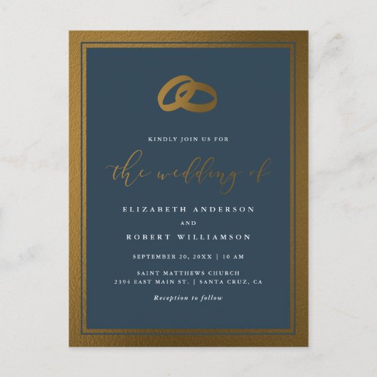 Classy Gold Rings & Navy Blue Wedding Uitnodiging Briefkaart (Voorkant)