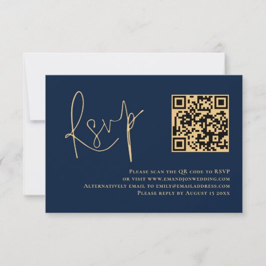 Classy Gold Script Navy Blue QR Code Wedding RSVP Kaartje (Voorkant)