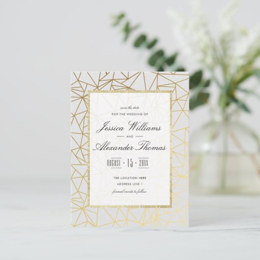 Classy Gold & White Wedding Sla de datum op Aankondigingskaart (Staand voorkant)