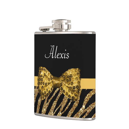 Classy Gold Zebra print FAUX Glitz Bow met naam Heupfles (Links)
