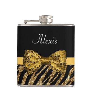Classy Gold Zebra print FAUX Glitz Bow met naam Heupfles
