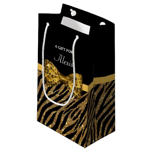 Classy Gold Zebra print FAUX Glitz Bow met naam Klein Cadeauzakje (Voorkant Gekanteld)