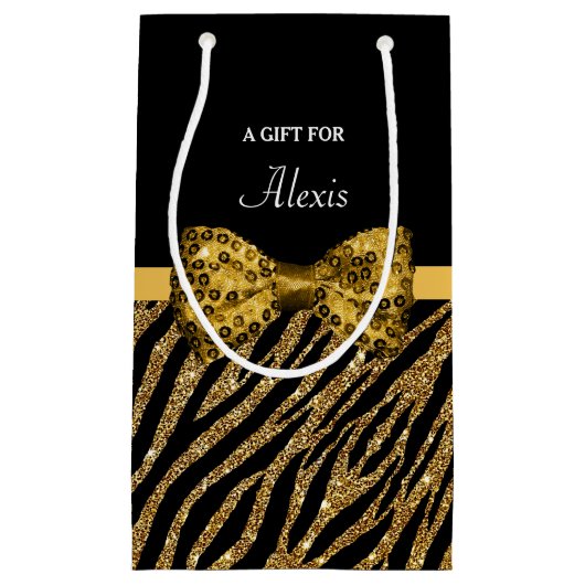 Classy Gold Zebra print FAUX Glitz Bow met naam Klein Cadeauzakje (Voorkant)