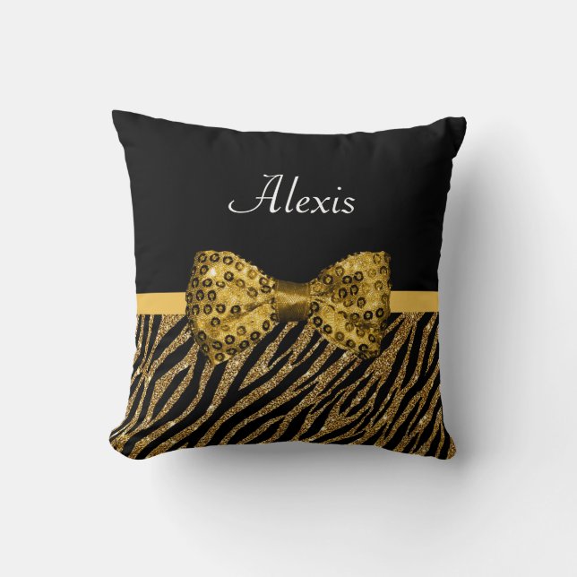 Classy Gold Zebra print FAUX Glitz Bow met naam Kussen (Voorkant)