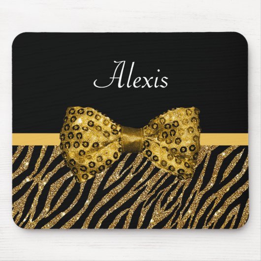 Classy Gold Zebra print FAUX Glitz Bow met naam Muismat (Voorkant)