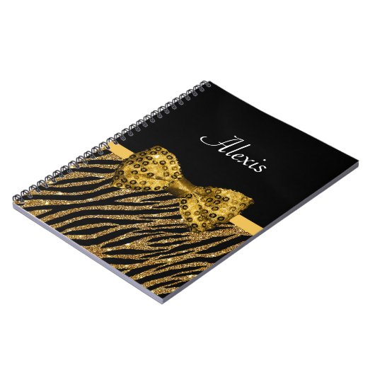 Classy Gold Zebra print FAUX Glitz Bow met naam Notitieboek (Linkerzijde)