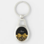 Classy Gold Zebra print FAUX Glitz Bow met naam Sleutelhanger (Voorkant)