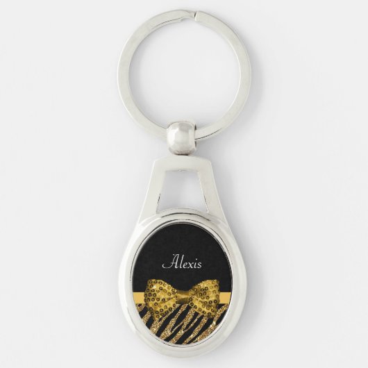 Classy Gold Zebra print FAUX Glitz Bow met naam Sleutelhanger (Voorkant)