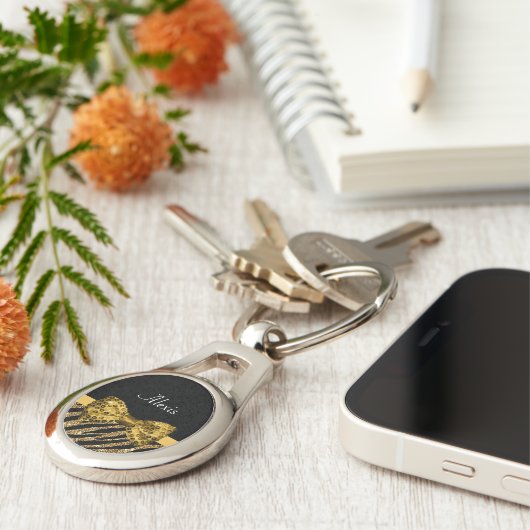 Classy Gold Zebra print FAUX Glitz Bow met naam Sleutelhanger (Zijkant)