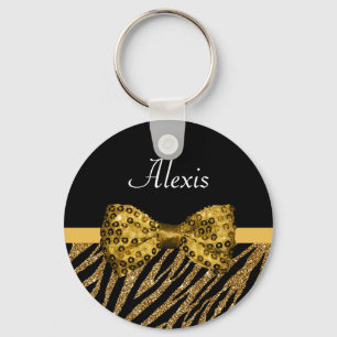 Classy Gold Zebra print FAUX Glitz Bow met naam Sleutelhanger