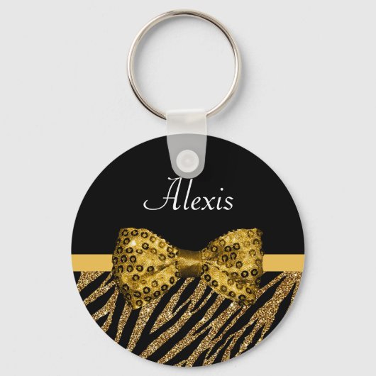 Classy Gold Zebra print FAUX Glitz Bow met naam Sleutelhanger (Voorkant)