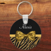 Classy Gold Zebra print FAUX Glitz Bow met naam Sleutelhanger (Voorkant)