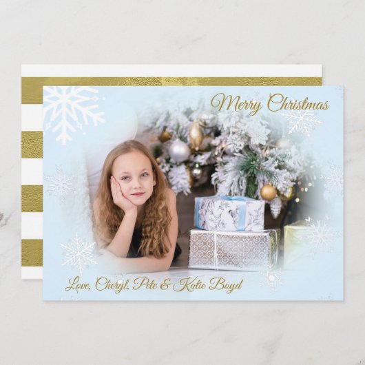 Classy Goud en Blauw Aangepaste Foto Kerstmis Kaart (Voorkant / Achterkant)