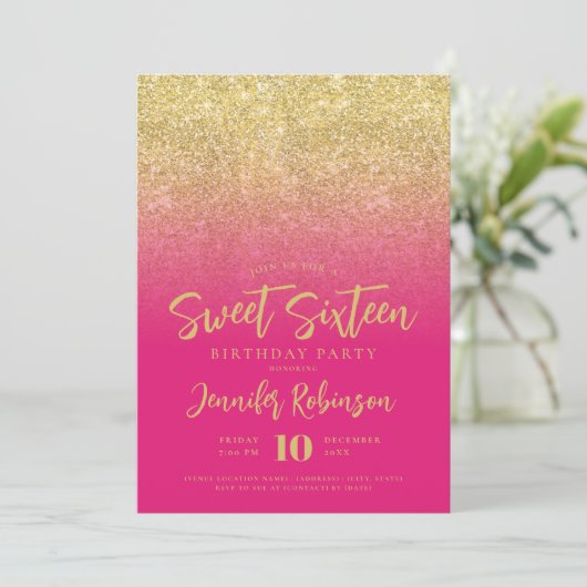 Classy Goud Heet Roze Glitter Foto Zoet 16 Kaart (Staand voorkant)