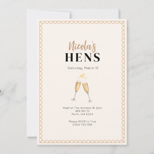 Classy gouden champagne hennen feestuitnodiging kaart (Voorkant)