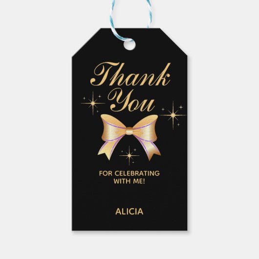 Classy gouden lint meisje zwart verjaardag dank u cadeaulabel (Voorkant)