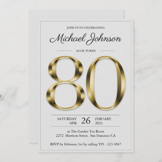 Classy Gouden Tekst Grijs 80ste Verjaardagsfeestje Kaart (Voorkant / Achterkant)
