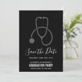 Classy Graduation Party Grey on Black Stethoscoop Save The Date (Staand voorkant)