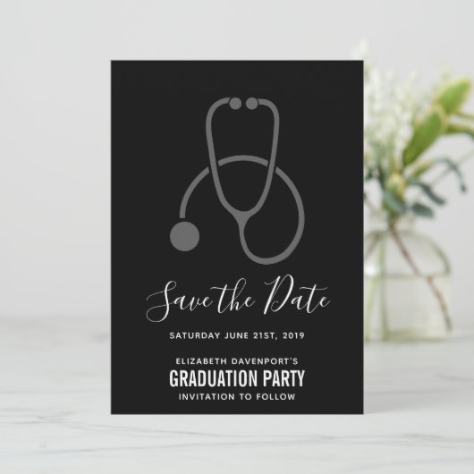 Classy Graduation Party Grey on Black Stethoscoop Save The Date (Staand voorkant)