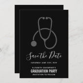 Classy Graduation Party Grey on Black Stethoscoop Save The Date (Voorkant / Achterkant)