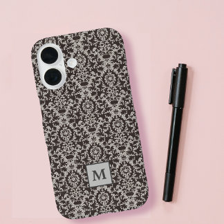 Classy Gray Black Damask Monogram iPhone 16 Hoesje
