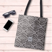 Classy Gray Black Damask Monogram Tote Bag
