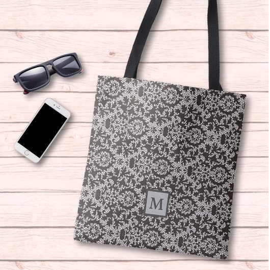 Classy Gray Black Damask Monogram Tote Bag