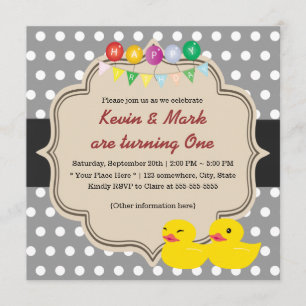 Classy Gray Polka Dots Rubber Ducky Twins Birthday Kaart