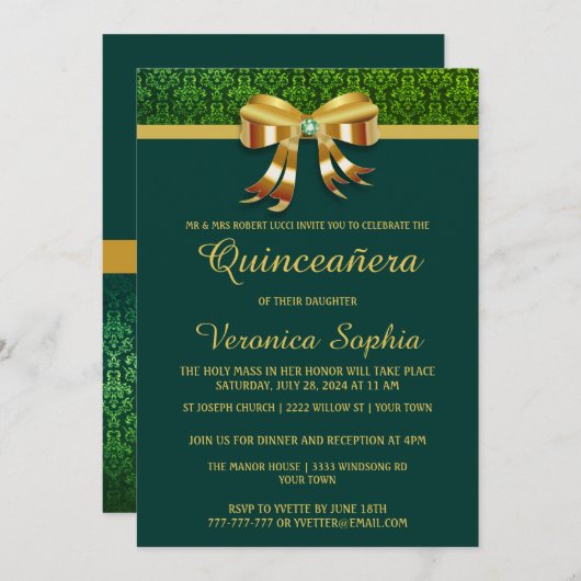 Classy Green en Gold Quinceanera Invitation Kaart (Voorkant / Achterkant)