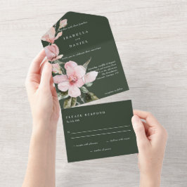 Classy Green Floral Magnolia Waterverf Wedding All In One Uitnodiging