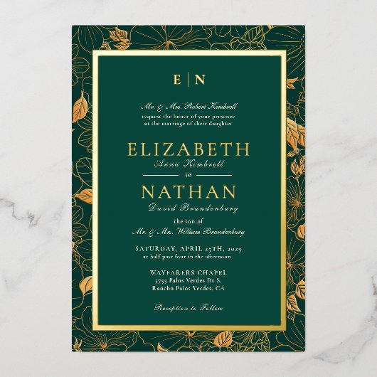 Classy Green & Gold Foliage Greenery Wedding Folie Uitnodiging (Voorkant)