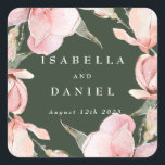Classy Green Magnolia Custom Wedding Vierkante Sticker<br><div class="desc">Deze gepersonaliseerde trouwstickers met moderne typografie en waterverf magnolia-bloemen zien er vers en chic uit. Je kunt het bewerken met je naam en trouwdatum. De gelijke uitnodigingen,  rsvp,  en omsluitingskaarten,  evenals dag-van-kantoorbenodigdheden,  zijn ook beschikbaar.</div>