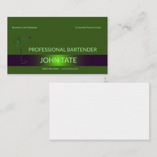 Classy Green Martini Metallic Bartender Sjabloon Visitekaartje (Voorkant / Achterkant)