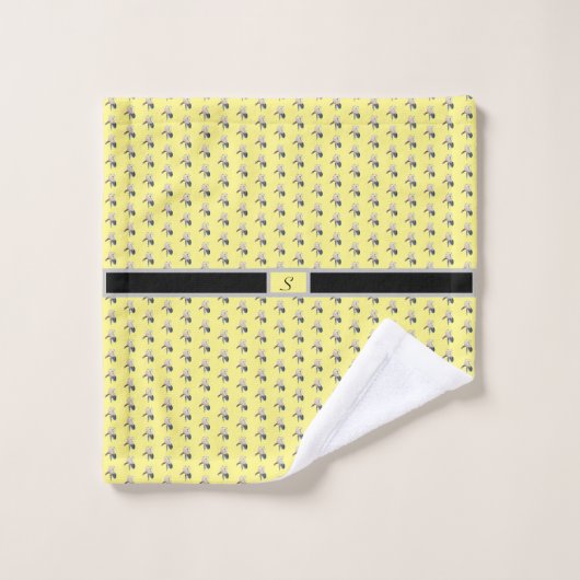 Classy Grey Black Iris Pattern op Yellow Monogram Bad Handdoek (Wasdoekje)