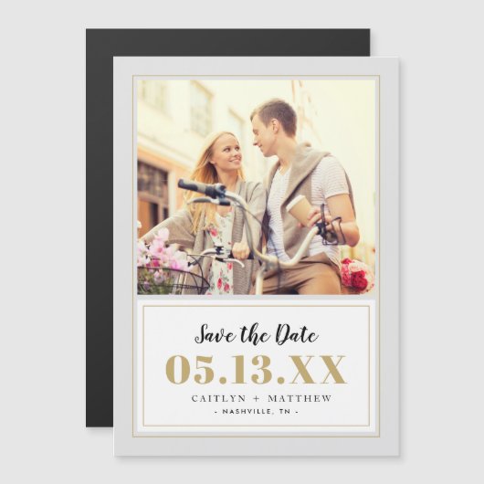 Classy Grey en Gold Photo Save the Date (Voorkant / Achterkant)