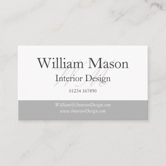 Classy Grey & White Monogram Visitekaartje (Voorkant)