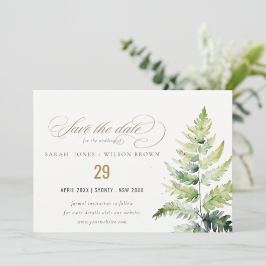 Classy Groen Goud Waterverf Fern Foliage Save The Date (Staand voorkant)