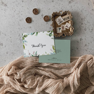 Classy groen tropische kalligrafie platte bruiloft bedankkaart