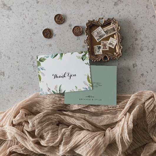 Classy groen tropische kalligrafie platte bruiloft bedankkaart