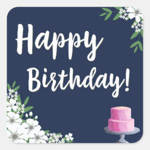 Classy Happy Birthday White Floral met Cake Vierkante Sticker