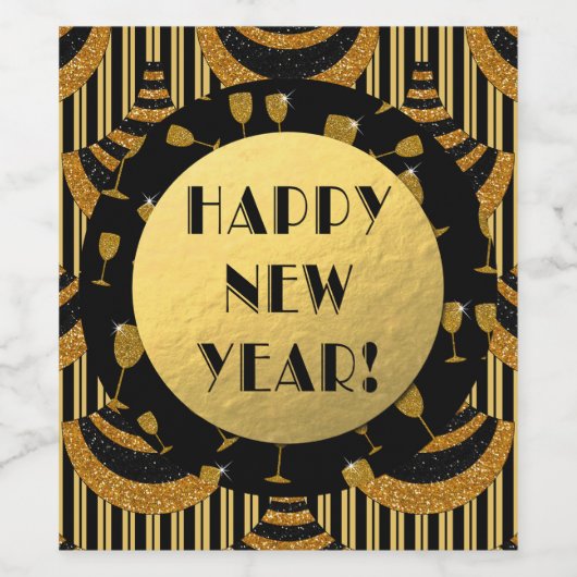 Classy Happy Nieuwjaar! | Goud en zwart art Deco Wijn Etiket (Enkel label)