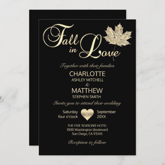 Classy HERFST IN LIEFDE Zwart Goud Maple Leaf Wedd Kaart (Voorkant / Achterkant)