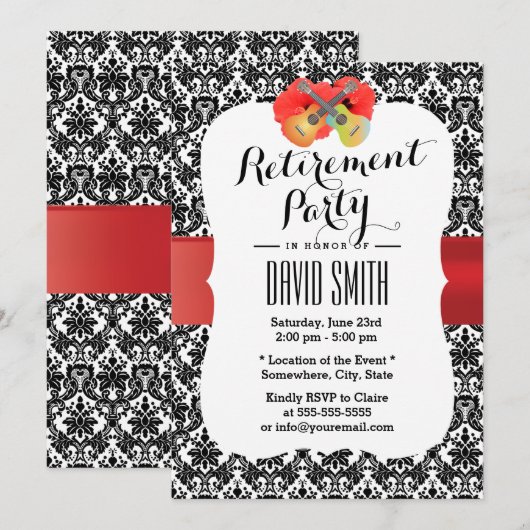 Classy Hibiscus en Ukulele Damask Retirement Party Kaart (Voorkant / Achterkant)