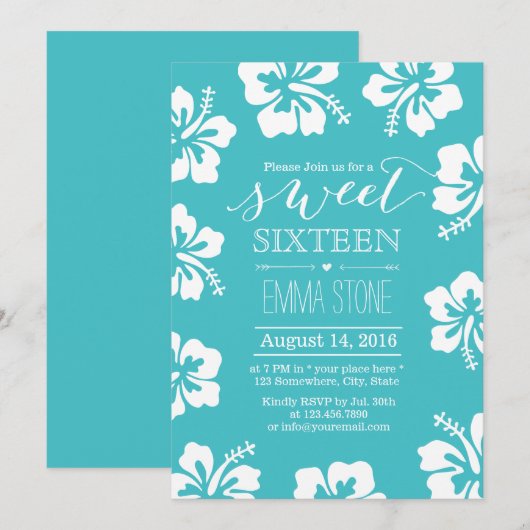 Classy Hibiscus Flower Turquoise Sweet 16 Birthday Kaart (Voorkant / Achterkant)