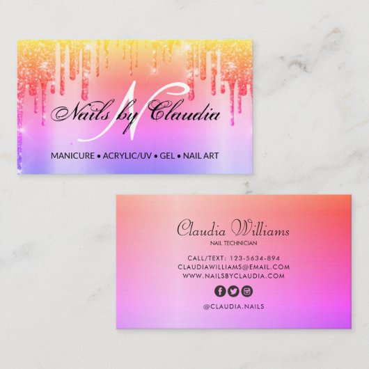 Classy holographic glitter script visitekaartje (Voorkant / Achterkant)