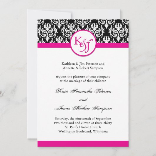 Classy Hot Pink Damask Wedding Sjabloon Kaart (Voorkant)