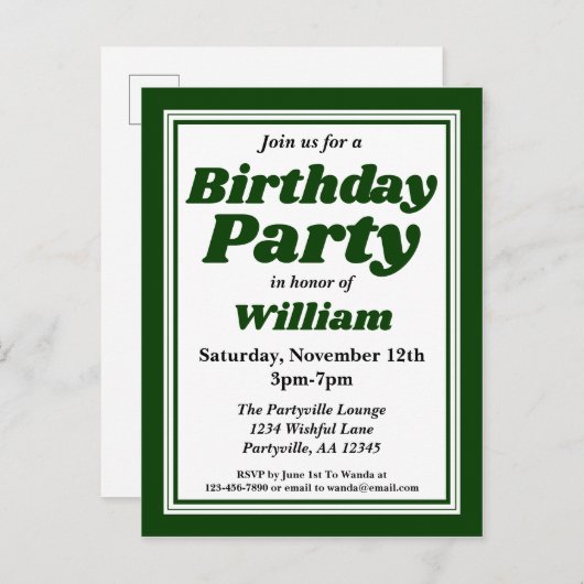 Classy Hunter Green Adult Birthday Party Uitnodiging Briefkaart (Voorkant / Achterkant)