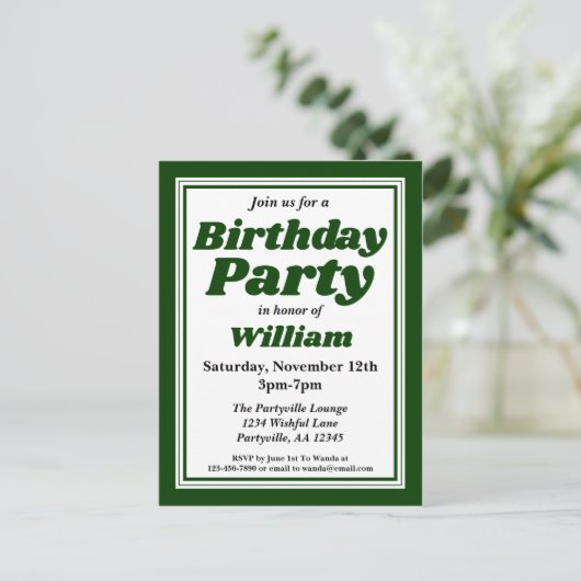 Classy Hunter Green Adult Birthday Party Uitnodiging Briefkaart (Staand voorkant)