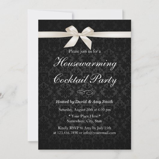 Classy Ivory Ribbon Dark Damask Housewarming Party Kaart (Voorkant)