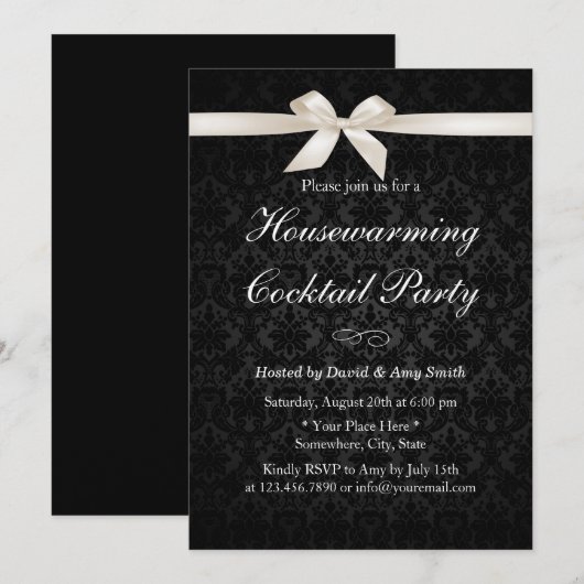 Classy Ivory Ribbon Dark Damask Housewarming Party Kaart (Voorkant / Achterkant)